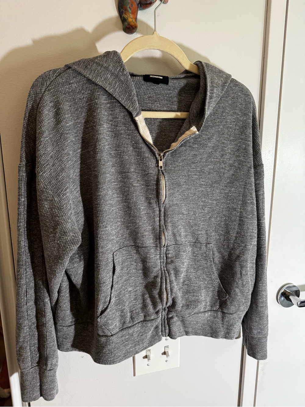 Monrow Grey Ribbed Original Zip Up Hoodie - Picture 7 of 11